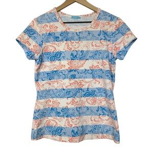 J. McLaughlin blue and coral pink striped print Catalina Cloth blouse S spring